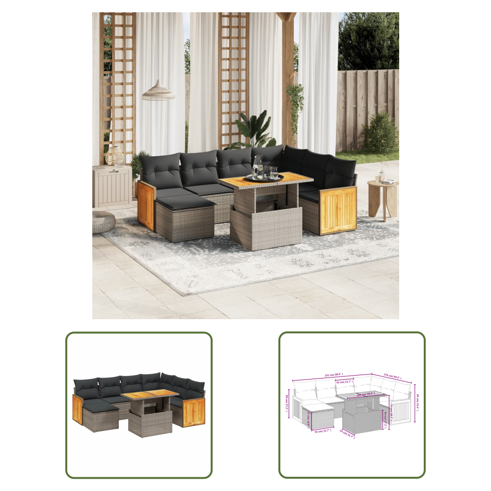 8-tlg. Garten-sofagarnitur Mit Kissen Grau Poly Rattan - Gartenmöbel - Esszimmergarnitur - Outdoor Möbel - Lounge Set - Rattan Gartenmöbel - The Living Store