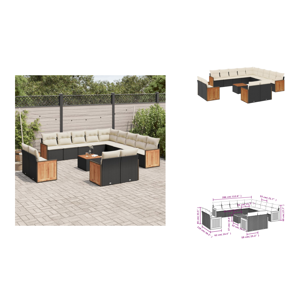 14-tlg. Garten-sofagarnitur Mit Kissen Schwarz Poly Rattan - Gartenmöbel - Esszimmergarnituren - Outdoor Möbel - Lounge Set - Rattan Gartenmöbel