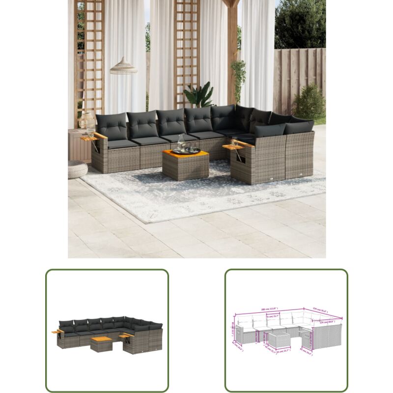 10-tlg. Garten-sofagarnitur Mit Kissen Grau Poly Rattan - Gartenmöbel - Sofasatz - Rattan Möbel - Outdoor Sofa - Lounge Set - The Living Store