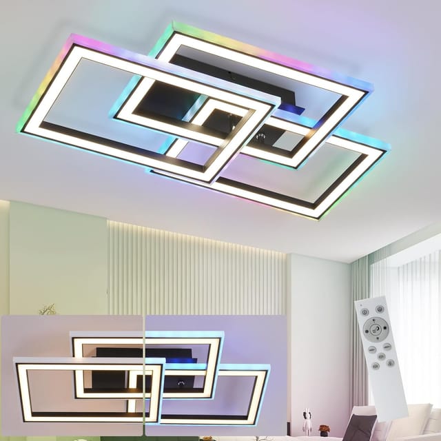 Gbly Deckenlampe Led Deckenleuchte Wohnzimmer - 45w Wohnzimmerlampe Schwarz Modern Schlafzimmerlampe Dimmbar Mit Fernbedienung Rgb Farbwechsel Schlafzimmer Deckenbeleuchtung Geometrisch Für Küche