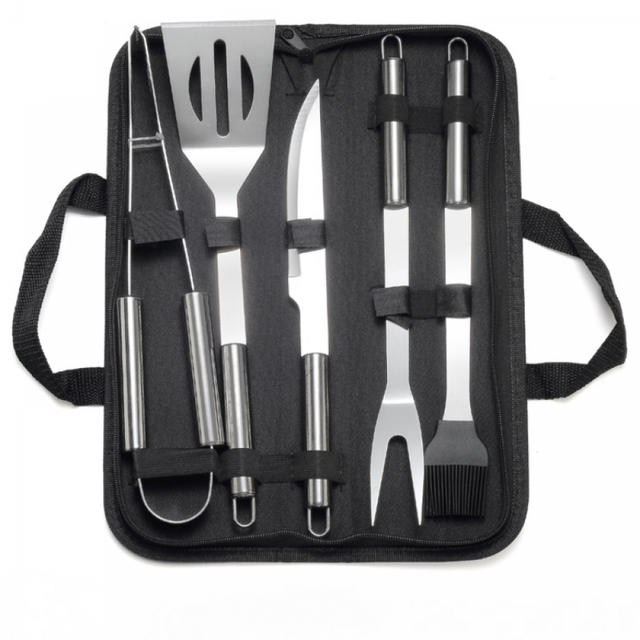Grillutensilien Aus Edelstahl: Zange, Fleischgabel, Bratenpinsel, Spatel, Messer + Tragetasche Für Picknick, Camping, Barbecue