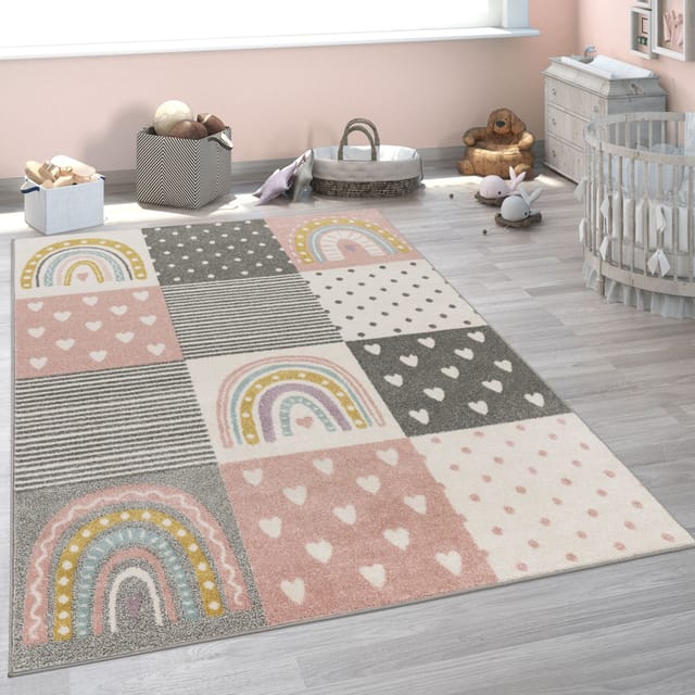 Paco Home Kinderteppich Teppich Kinderzimmer Mädchen Jungs Verschiedene Motive Und Größen 120 Cm Rund, Creme Rosa Grau