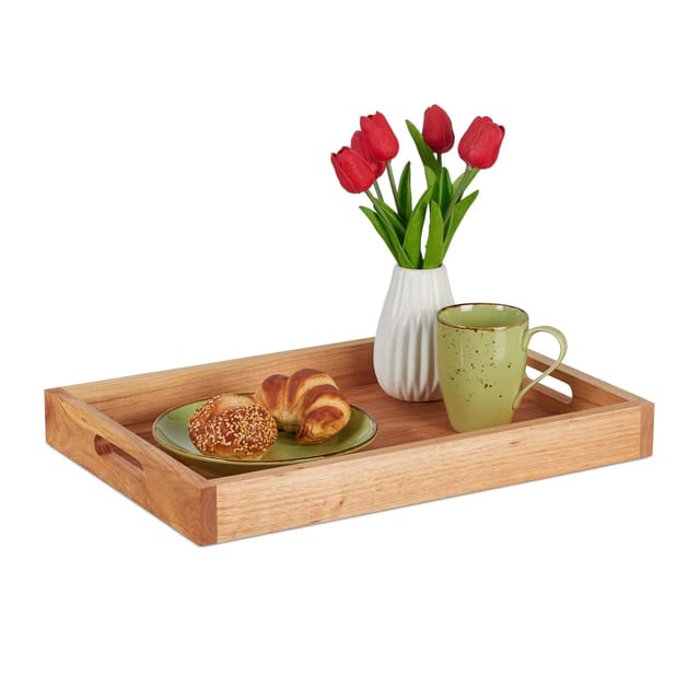 Serviertablett, Walnuss, H X B X T: 5 X 46 X 31 Cm, Essenstablett Mit Griffen, Hoher Rand, Rechteckig, Natur - Relaxdays