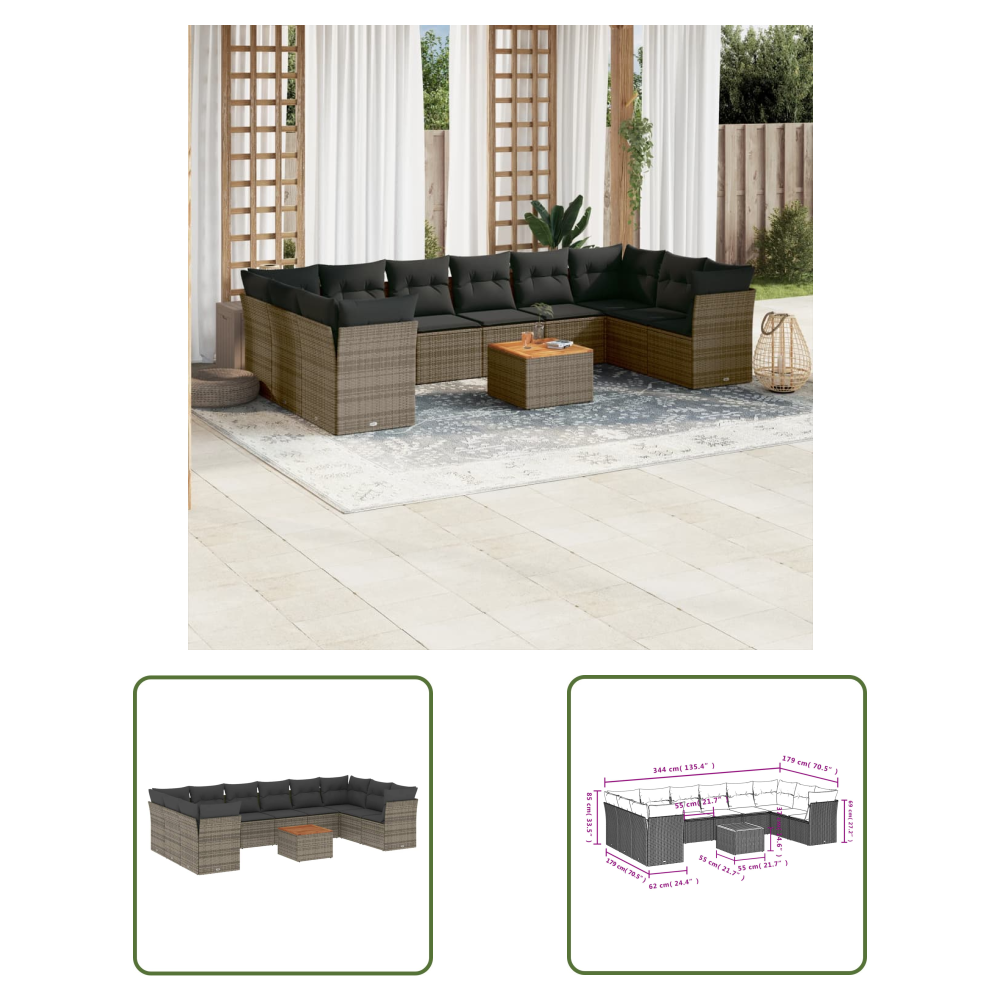 11-tlg. Garten-sofagarnitur Mit Kissen Grau Poly Rattan - Gartenmöbel - Outdoor Möbel - Rattan Gartenmöbel - Lounge Set - Esstischgarnitur - The Living Store