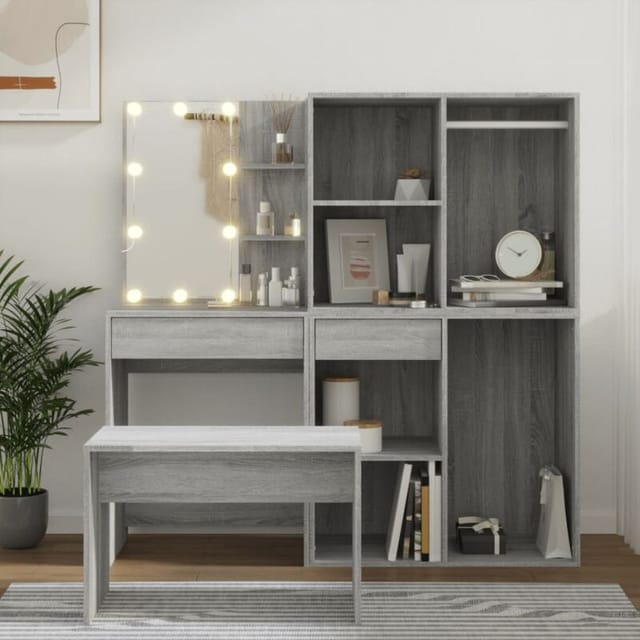Schminktisch-set Mit Led Grau Sonoma Holzwerkstoff - Vidaxl