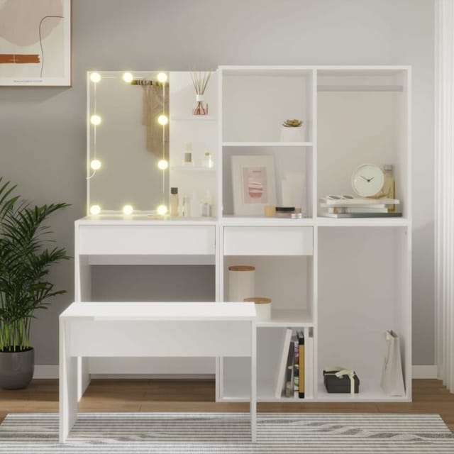 Schminktisch-set Mit Led Weiß Holzwerkstoff - Vidaxl