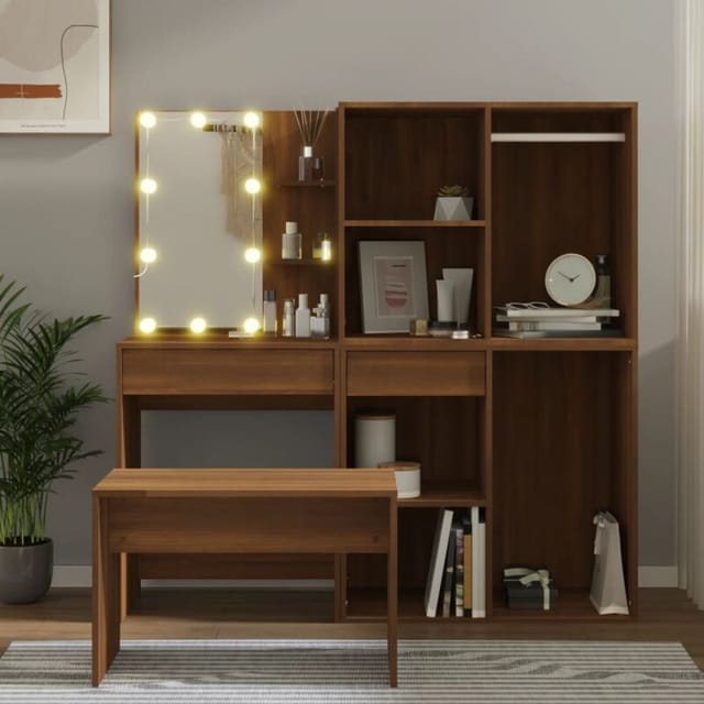 Schminktisch-set Mit Led Braun Eichen-optik Holzwerkstoff - Vidaxl