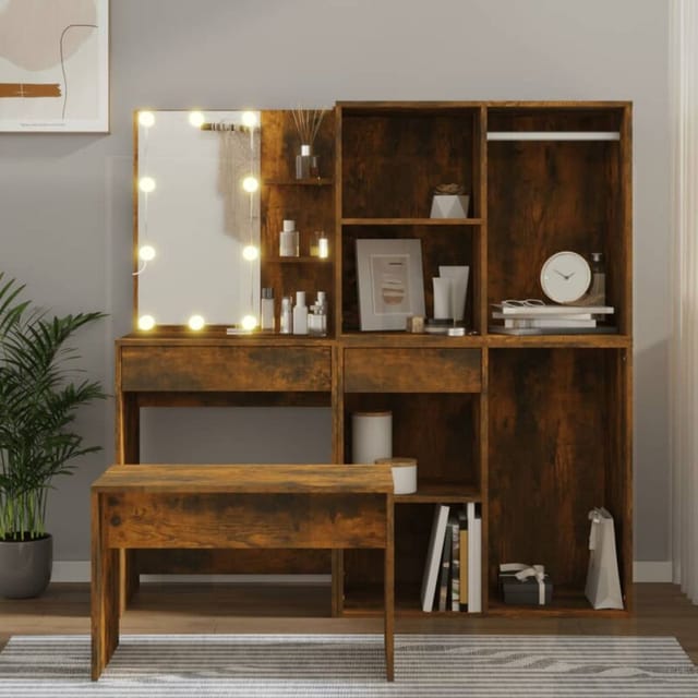 Schminktisch-set Mit Led Räuchereiche Holzwerkstoff Vidaxl