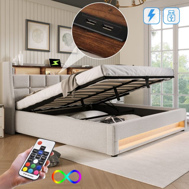 Polsterbett Mit Usb 140x200cm, Led Doppelbett Mit Metalllattenrost, Leinenbettrahmen, Jugendbett (ohne Matratze)