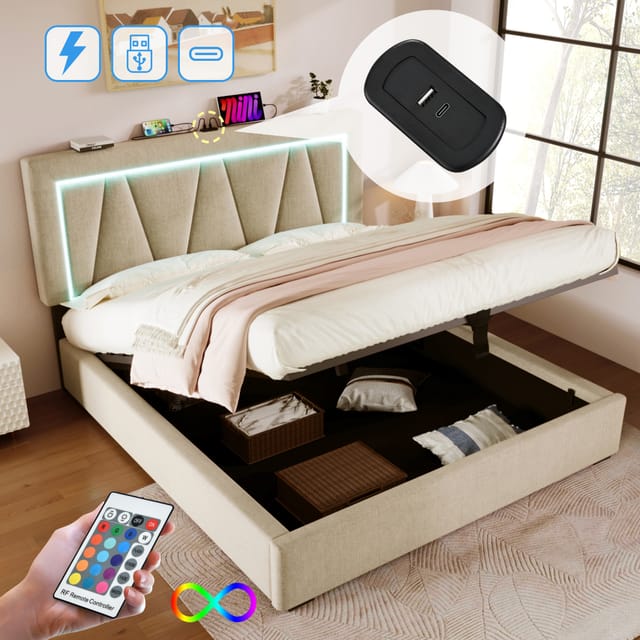 Polsterbett Led Doppelbett Mit Usb Type C Ladefunktion Und Led Beleuchtung, Stauraum Betten Bettwäsche Bettgestell Jugendbett 160x200 Mit Lattenrost (ohne Matratze)