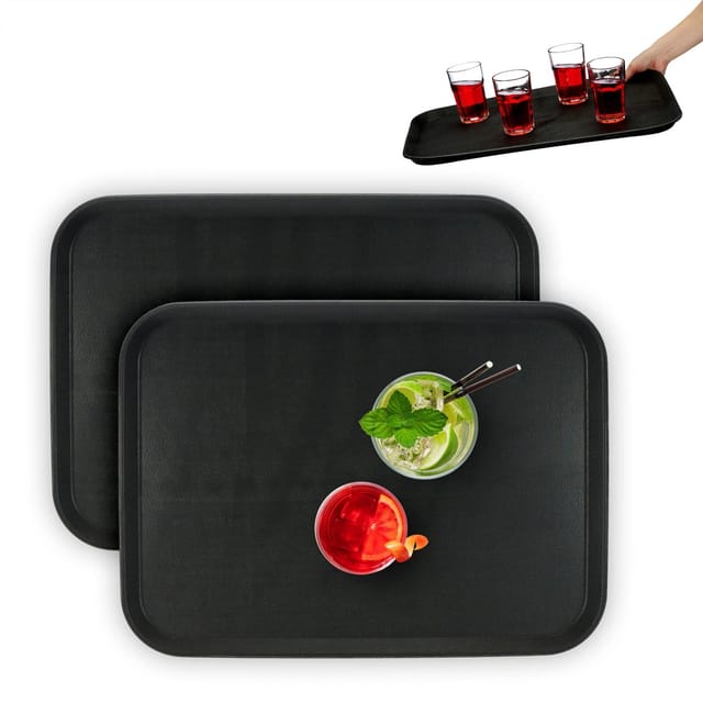 Relaxdays Serviertablett Im 2er Set, Rutschfeste Oberfläche, Eckiges Kellnertablett, Gastronomie, Bxt: 56x41 Cm, Schwarz
