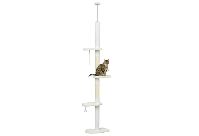 Pawhut - Kratzbaum, Katzenbaum Deckenhoch, Katzenkratzbaum, 225-255 Cm, Kletterbaum Mit Spielball, Jute-seilpfosten, Hängematte, Katzenleiter, Katzenmöbel, Weiß