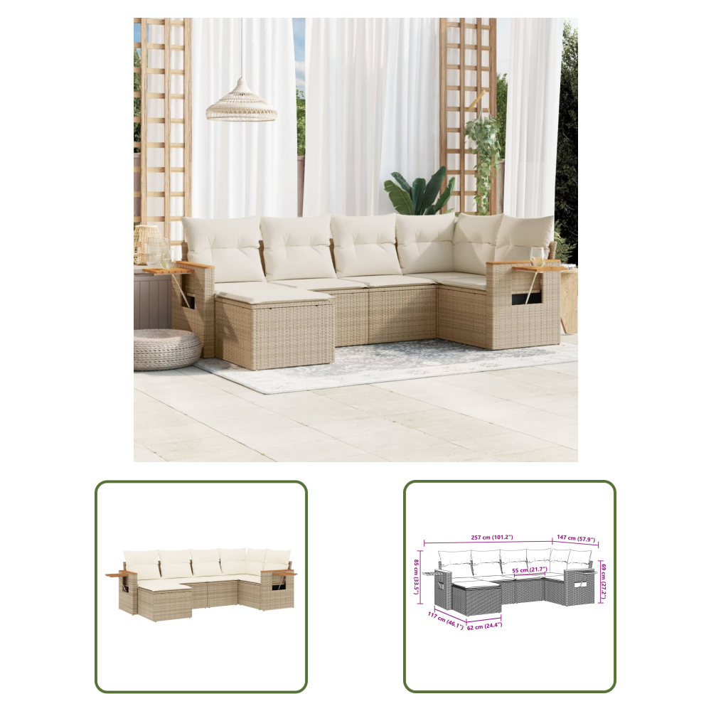 6-tlg. Garten-sofagarnitur Mit Kissen Beige Poly Rattan - Gartenmöbel - Sofasatz - Outdoor Möbel - Rattan Sofa - Pe-rattan - The Living Store