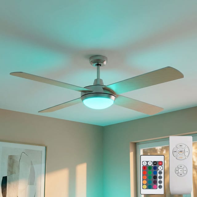 Deckenventilator Mit Fernbedienung Led Deckenlampe Dimmbar Wohnzimmerlampe, Rgb Farbwechsel, 3 Stufen, Vor-rücklauf, Wendbare Flügel, 2x 3,7w 2x 470lm Warmweiß, Dxh 132x41 Cm