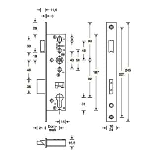 Panik-rohrrahmen-einsteckschloss D Din Links Einwärts 24/245/45/92/9 Mm Klasse 3 Käntig