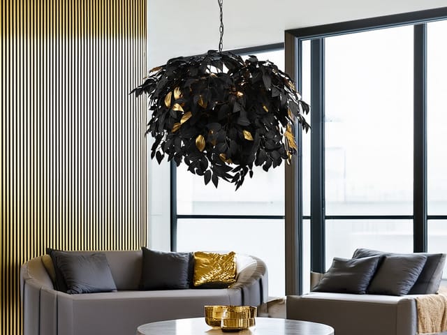 Meinewunschleuchte - Große Led Pendelleuchte Blätter Lampenschirm Schwarz Gold, Ø 70cm