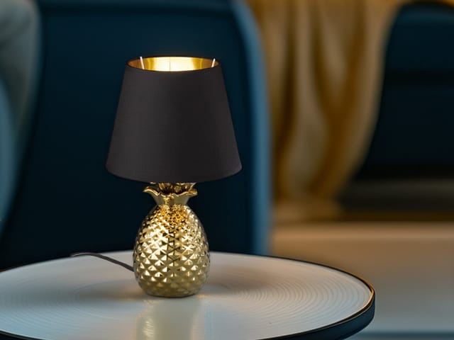 Meinewunschleuchte - Led Tischleuchte Keramik Ananas Gold Mit Stoffschirm Schwarz Gold, Höhe 35cm