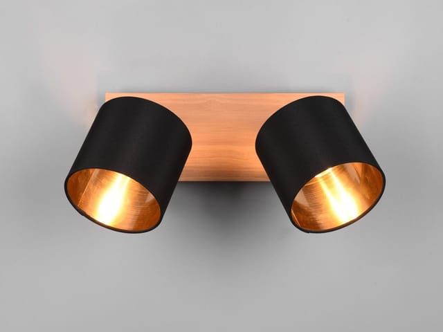Meinewunschleuchte - Led Deckenstrahler 2-flammig Holz, Stoffschirme Schwarz Gold, Breite 28cm