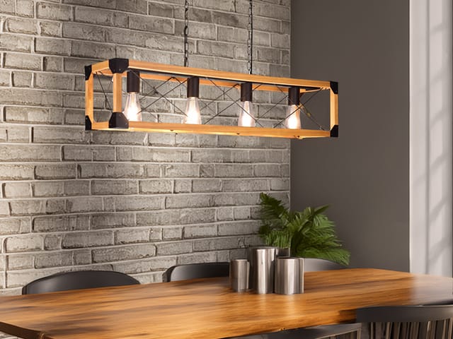Led Balken Pendelleuchte 4 Flammig Schwarz Mit Holzbalken, Breite 100cm