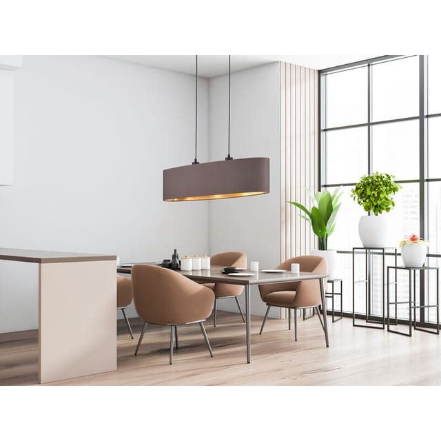 Meinewunschleuchte - Pendelleuchte Mit Stoff Lampenschirm Braun / Innen Gold Oval, Breite 80cm