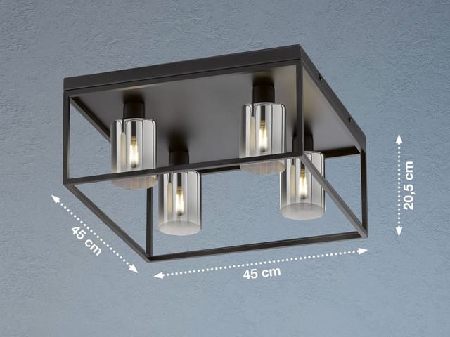 Led Deckenleuchte 4-flammig Schwarz Mit Rauchglas, Quadrat 45cm
