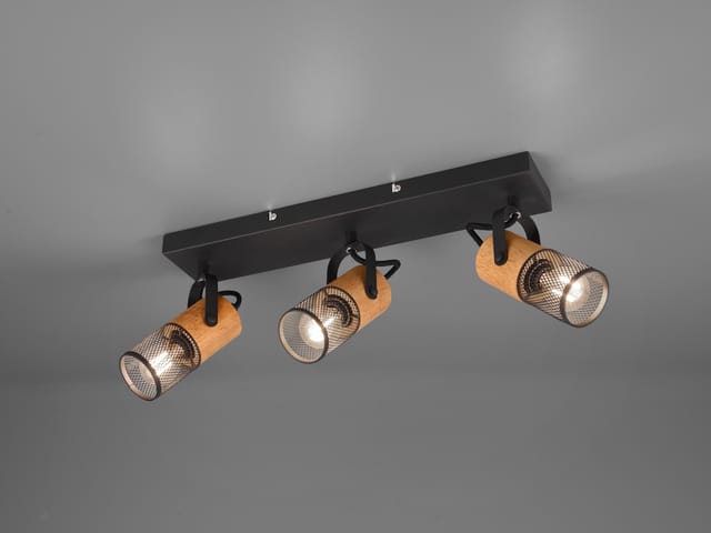 Led Deckenstrahler 3-flammig, Schwarz Mit Holz & Gitterschirmen, Breite 44cm