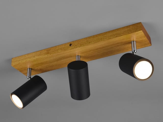 Meinewunschleuchte - Led Deckenstrahler Schwarz Mit Holz 3-flammig, Breite 44cm