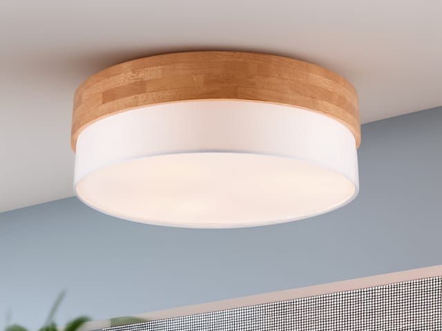 Trio Leuchten - Deckenleuchte Seasons Holzlampe Mit Stoffschirm Weiß, Ø 50cm
