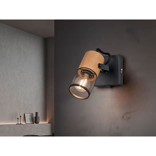 Trio Leuchten - Led Wandstrahler Mit Schalter, Schwarz Mit Holz & Gitterschirm, Breite 9cm