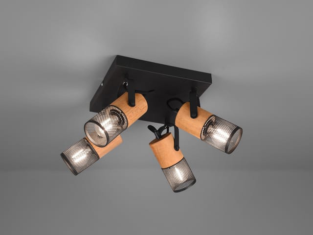 Led Deckenstrahler 4-flammig, Schwarz Mit Holz, Quadrat 22cm