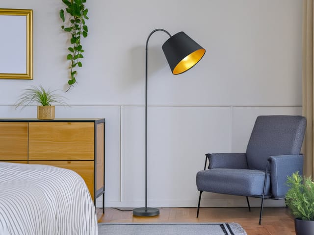 Meinewunschleuchte - Stehlampe Laurea Mit Flexarm & Stoff Lampenschirm Schwarz Gold, Höhe 156cm