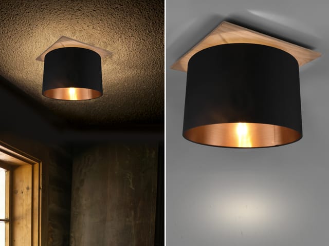 Meinewunschleuchte - Deckenleuchte Mit Stoff Lampenschirm In Schwarz/gold Und Holz Sockel, Ø 40cm