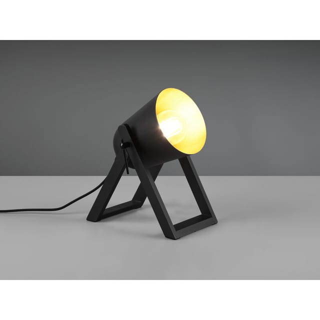 Meinewunschleuchte - Led Tischleuchte Naturholz & Metallschirm Schwarz/gold, Höhe 21cm