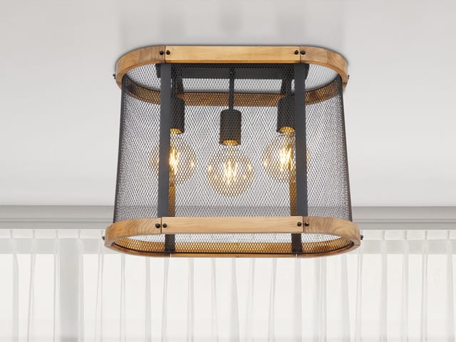 Led Deckenleuchte Mit Holz & Gitter Schwarz 3-flammig, Breite 45cm
