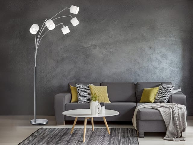 Led Stehleuchte 5 Flammig Metall Silber Stoffschirm Weiß, Höhe 200cm