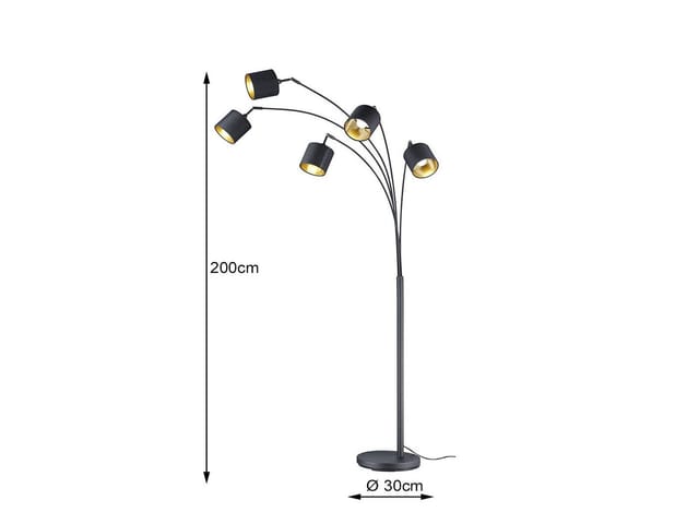 Led Stehleuchte 5 Flammig Metall Stoffschirm Schwarz/gold, Höhe 200cm
