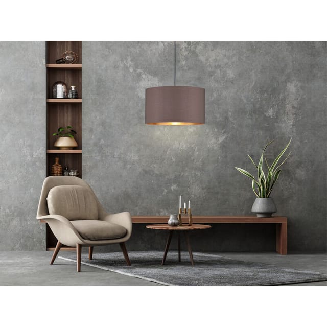 Pendelleuchte Mit Stoff Lampenschirm Braun / Innen Gold, Ø 40cm