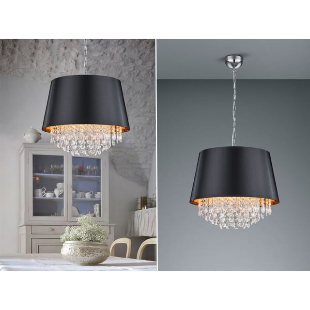 Led Pendelleuchte Mit Stoffschirm Schwarz Gold & Kristall, Ø 50cm