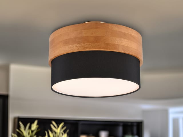 Led Deckenleuchte Holzlampe Mit Stoffschirm Schwarz, Ø 30cm