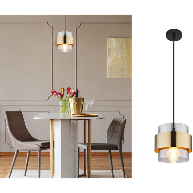 Meinewunschleuchte - Led Pendelleuchte Mit Rauchglas Lampenschirm Und Messingring, Ø 18cm