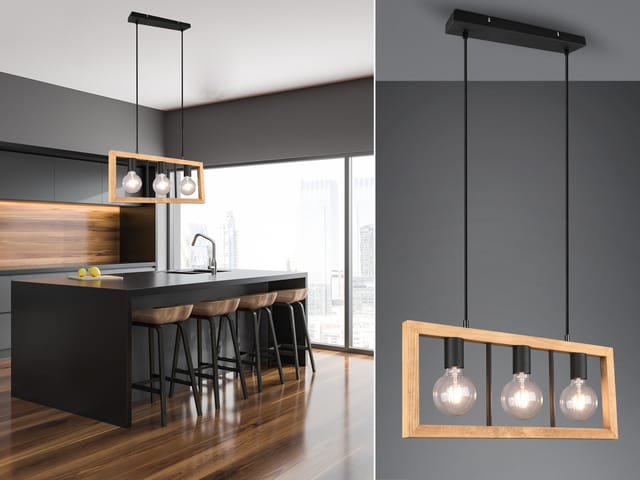 Trio Leuchten - Led Balken Pendelleuchte 3 Flammig Schwarz Mit Holzbalken, Breite 60cm