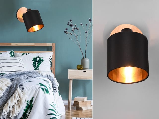 Meinewunschleuchte - Led Wandstrahler Holz Mit Stoffschirm Schwarz / Gold, Breite 12cm