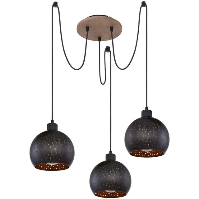 Hängelampe Schwarz Hängelampe Esstisch Pendelleuchte 3 Flammig, Holz Dunkelbraun Metall Goldfarben, 3x E27 Fassungen, Dxh 20x225 Cm