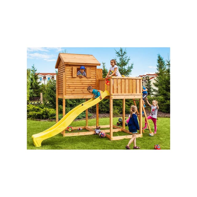 Spielturm 'my Side Spider+', Teak, Mit Rutsche, Einzelschaukel, Leiter, Haus Mit Holzdach Und Kletterturm - Fungoo