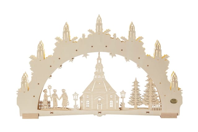 Saico LED-Schwibbogen Seiffener Kirche 7-flammig mit Timer 52 x 32 cm warmweiß natur
