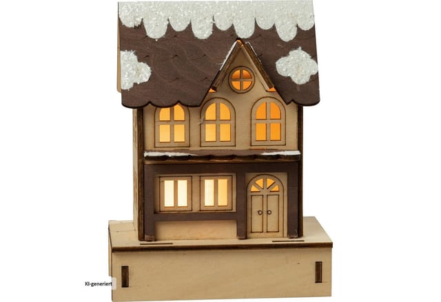 HGD Dekoaufsteller Stadthaus mit Timer 10 x 14 cm warmweiß natur/braun