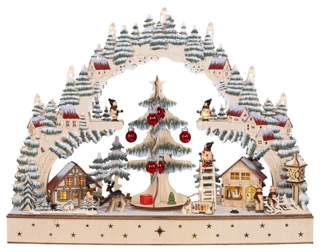 HGD LED-Schwibbogen Weihnachtsdorf mit drehenden Weihnachtsbaum & Timer 10-flammig 50 x 38 cm warmweiß natur/bunt