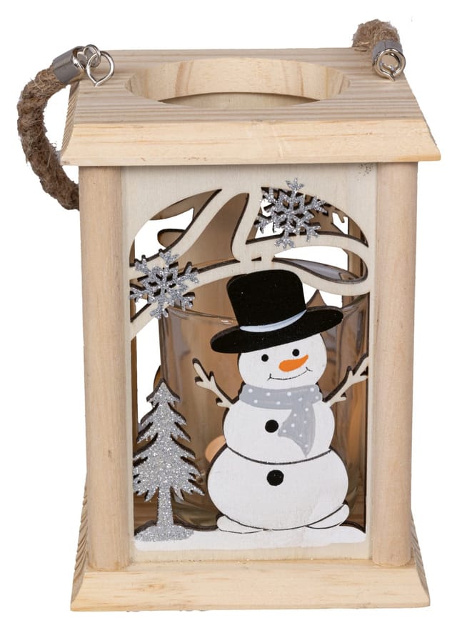 HGD Holzlaterne Schneemann mit Glas-Teelichthalter 11,5 x 11,5 x 16 cm natur