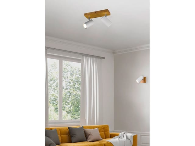 Led Deckenstrahler Weiß Mit Holz 2-flammig, Breite 26cm