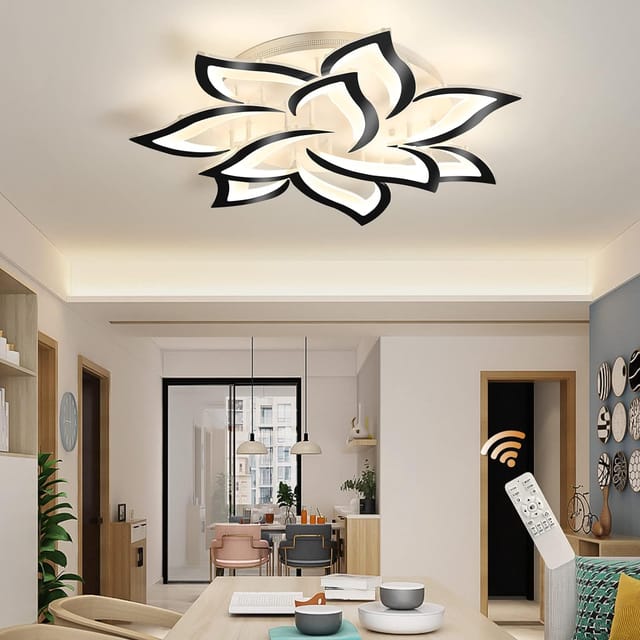 Dimmbare Led Deckenleuchte,10 Blütenblätter Moderne Unterputz Deckenleuchte, Acryl Moderne Blumenform Deckenleuchte Kronleuchter Beleuchtung Für Schlafzimmer Wohnzimmer (70w, Schwarzer Rand)0 - Ganeed